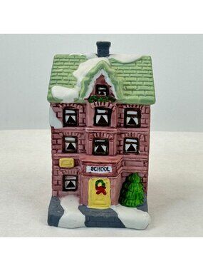 Lotus Ceramic Christmas Village Schoolhouse Vintage 4" Figurine Snow Accents